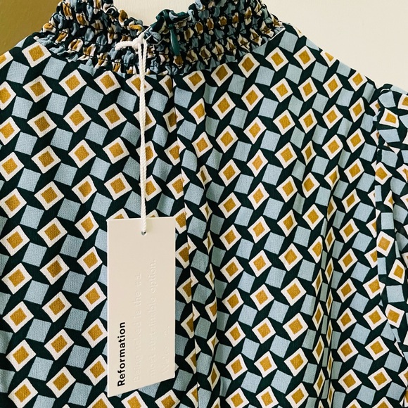 REFORMATION Stevi Mosaic Print Side Slit Long Sleeves Mock Neck Midi Dress Sz 0 - Picture 2 of 6